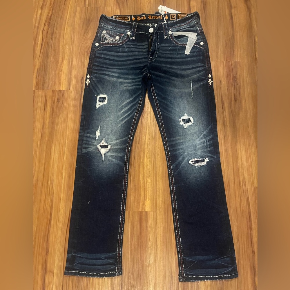 Rock Revival Men's Dark Blue Distressed Jeans